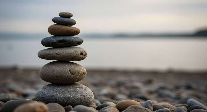 A zen stack of stones on a pebble beach with a blurred ocean background creating a balanced composition