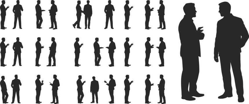 Businessmen silhouettes in conversation, office communication poses, group discussion gestures, teamwork interaction, professional men standing, corporate people talking isolated - Powered by Adobe