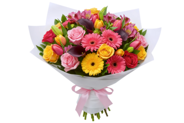 A vibrant bouquet of colorful mixed gerbera daisies in shades of pink, red, and yellow. This cheerful floral arrangement is wrapped in white paper with a pink ribbon.