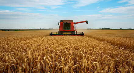 Obraz premium Wheat Harvesting in a Golden Field Under a Clear Sky With a Combine Harvester at Work During Late Summer