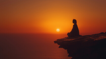 Serene silhouette meditating on cliff edge during vibrant sunset over tranquil ocean waves