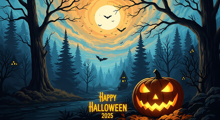 A halloween night scene with a glowing pumpkin in a spooky forest under a moonlit sky and bats flying