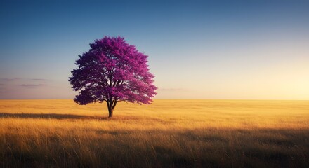 A solitary purple tree stands in a golden field under a blue and orange sky at sunset or sunrise