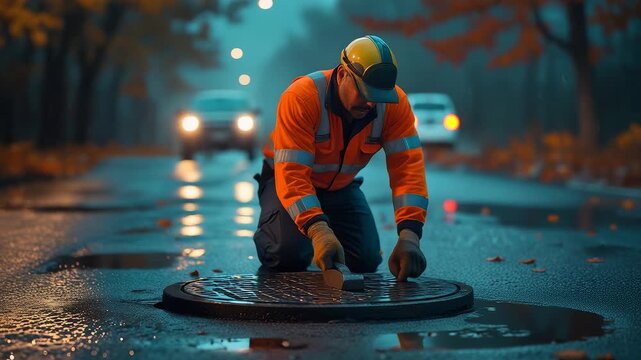 Construction worker in reflective safety gear fixing an open manhole on wet asphalt road during evening traffic with blurred car headlights