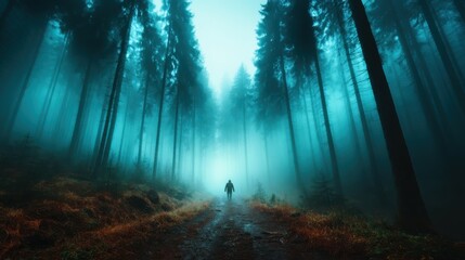 A solitary figure walks down a misty forest path, surrounded by towering trees, evoking a sense of mystery and solitude in nature's serene environment.