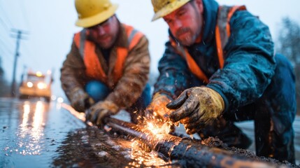 An intense moment captured of two construction workers welding on a rainy day, as sparks fly amidst the droplets, showcasing dedication and teamwork in challenging conditions.