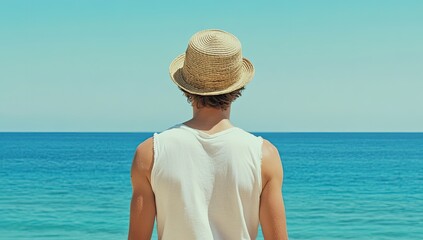 Man in straw hat, beach, ocean view