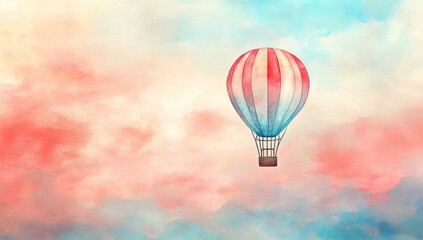 Fototapeta premium A hot air balloon floats serenely against a pastel sky of soft clouds. Watercolor-like, dreamy colors create a peaceful, imaginative scene