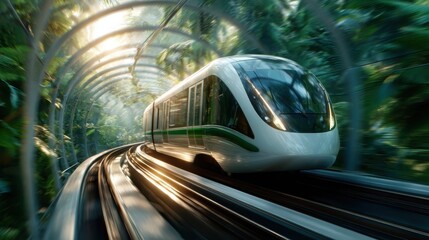 Fototapeta premium A sleek, futuristic train navigates through a vibrant green forest, showcasing modern technology's harmony with nature and the beauty of innovation in transportation.
