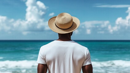 Man in straw hat gazing at ocean