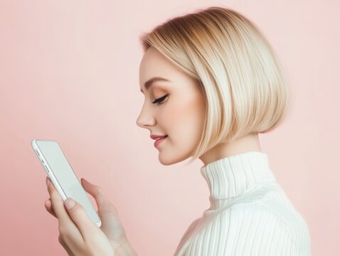 Happy gen z blonde young woman, smiling girl with short blond hair holding smartphone, using cellphone looking at mobile phone buying online in shopping app isolated on beige background, vertical.
