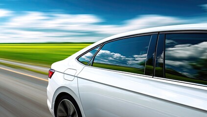 White car speeding on a highway,  sunlit countryside view reflected in tinted windows