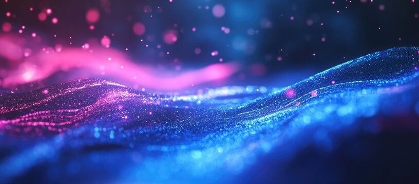 Abstract digital waves of vibrant pink and blue particles
