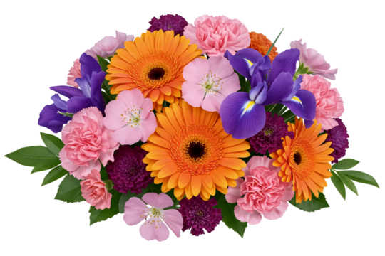 A vibrant floral arrangement of colorful gerberas, carnations, and irises. This cheerful and happy centerpiece is perfect for birthday celebrations or as a get-well gift.