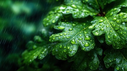 Vibrant green leaves adorned with glistening raindrops illustrate nature's beauty and freshness, evoking feelings of tranquility, renewal, and the soothing essence of a rain-soaked environment.