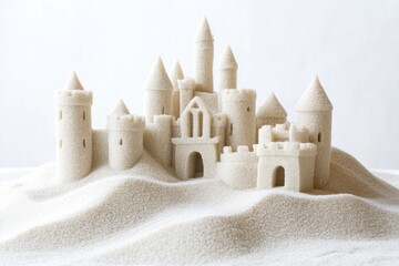 A meticulously crafted sandcastle, shaped like a medieval castle, sits atop a bed of fine, white sand.  
