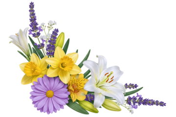 A fresh spring floral corner arrangement with daffodils, lilies, daisies, and lavender. This beautiful and cheerful design element is perfect for seasonal or Easter-themed decor.