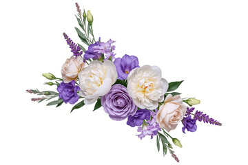 A beautiful floral arrangement with purple and white peonies, roses, and lavender. This elegant and romantic design element is perfect for wedding invitations or sophisticated branding.