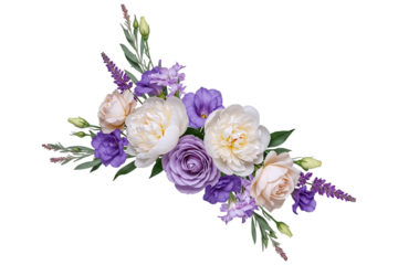 A beautiful floral arrangement with purple and white peonies, roses, and lavender. This elegant and romantic design element is perfect for wedding invitations or sophisticated branding.