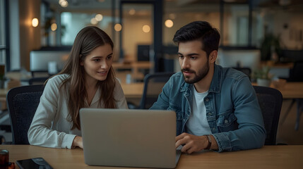 young couple using laptop in cafe