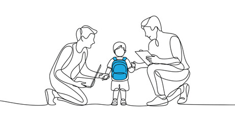 Line drawing of two adults kneeling beside child with blue backpack, holding laptop and clipboard, symbolizing support and family care