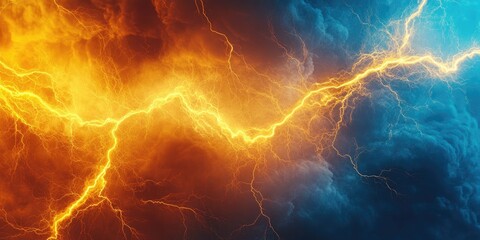 Powerful, abstract image of clashing fire and ice energy.  Fiery, golden lightning streaks against a backdrop of swirling, dark, and cool blue energy