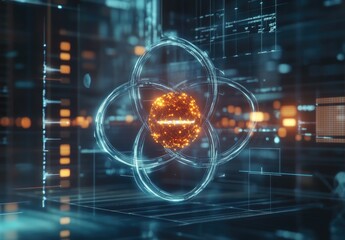 Abstract digital graphic of a glowing atom, surrounded by data streams