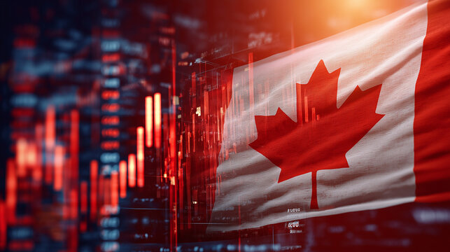 Canada's economic forecast visualized with falling stocks and national flag.