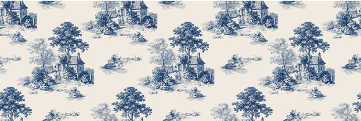 Seamless toile de Jouy pattern in blue and white, featuring vintage countryside scenes with cottages, trees, and villagers. Elegant French country textile design illustration.
