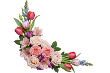 A beautiful floral corner arrangement with pink tulips and beige roses. This fresh and romantic design element is great for creating wedding invitations or seasonal cards.