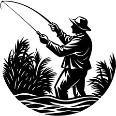 Vector silhouette illustration of a female angler with a fishing rod on the river