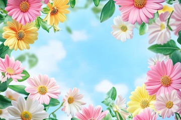Colorful flowers frame a bright sky