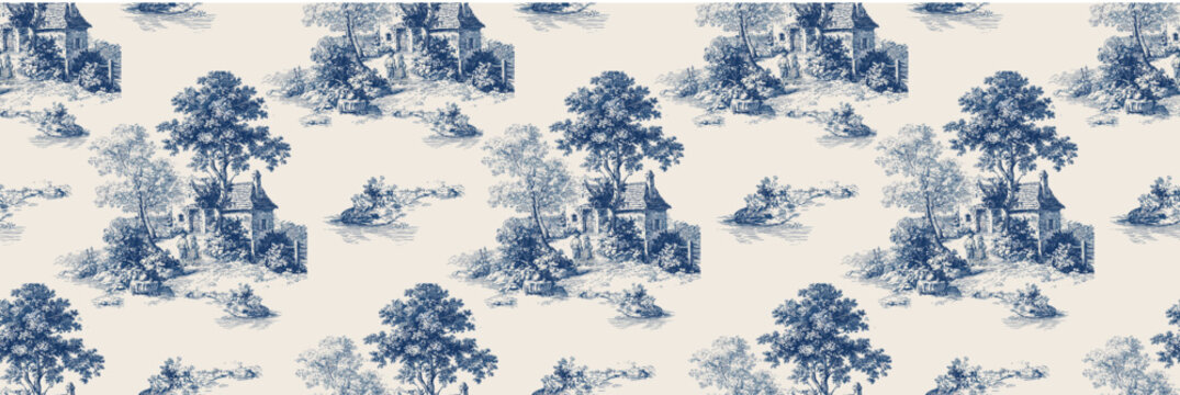 Seamless toile de Jouy pattern in blue and white, featuring vintage countryside scenes with cottages, trees, and villagers. Elegant French country textile design illustration.

