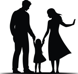 Silhouette of Family Holding Hands, Parents with Daughter Standing Together, Concept of Love, Unity, Support, Parenting, Isolated on White