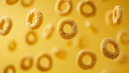 Floating yellow ring-shaped cereal pieces against a vibrant yellow backdrop
