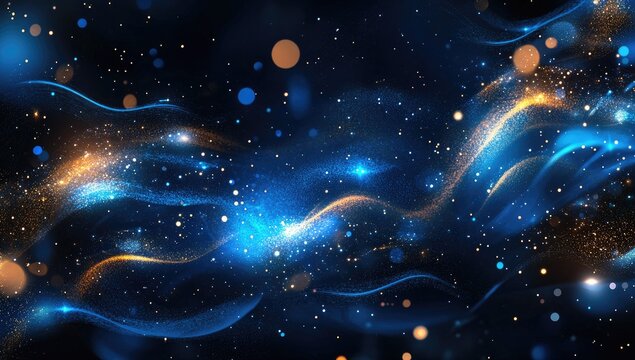Abstract swirling design of blue and gold particles against a dark background