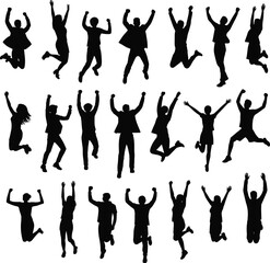 Silhouette of diverse people jumping in air, celebrating success, energetic group teamwork, business joy, motivation, freedom, happiness isolated white