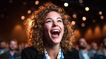 A joyful woman in the crowd is captured laughing, embodying happiness and connection in a lively atmosphere filled with excitement and shared moments at an event.