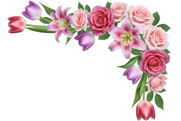 A romantic floral corner arrangement with pink and purple tulips and lilies. This beautiful and vibrant design element is great for spring-themed invitations or decor.