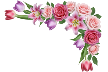 A romantic floral corner arrangement with pink and purple tulips and lilies. This beautiful and vibrant design element is great for spring-themed invitations or decor.