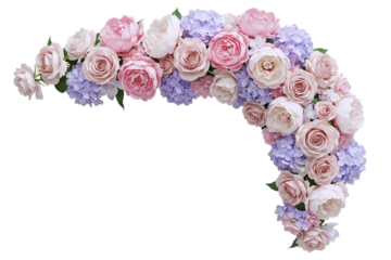A beautiful floral arch arrangement with pink and purple roses and hydrangeas. This elegant and romantic design element is ideal for wedding invitations or as a decorative frame.