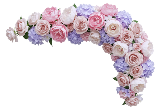 A beautiful floral arch arrangement with pink and purple roses and hydrangeas. This elegant and romantic design element is ideal for wedding invitations or as a decorative frame.