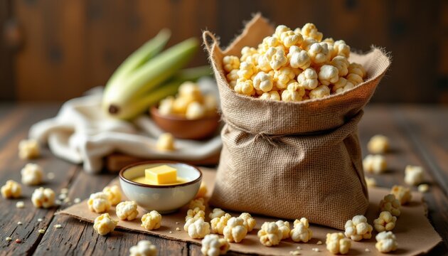 Charming burlap bag of popcorn kernels in a cozy scene with salt pinch bowl and butter dish, soft textures, cornsilk hues, warm lighting, inviting ad composition, high resolution