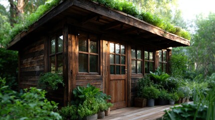 A picturesque wooden cabin, featuring a lush green rooftop and surrounded by vibrant plants, set in a serene and tranquil natural environment.