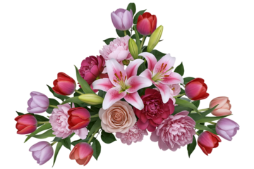 A beautiful triangular floral arrangement of pink lilies, tulips, and roses. This fresh and romantic design element is perfect for creating spring or wedding-themed decor.