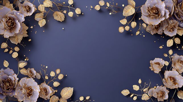 Elegant floral border with shimmering golden lights on a deep blue background