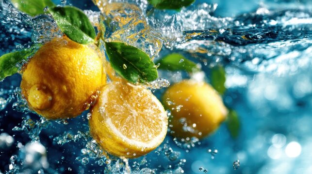 Bright, fresh lemons create a splash in clear, blue water, symbolizing freshness and a zest for life, perfect for culinary or healthy lifestyle themes.
