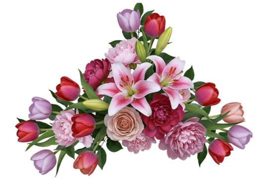 A beautiful triangular floral arrangement of pink lilies, tulips, and roses. This fresh and romantic design element is perfect for creating spring or wedding-themed decor.