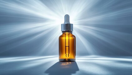 Naklejka premium Amber glass dropper bottle, bathed in light rays