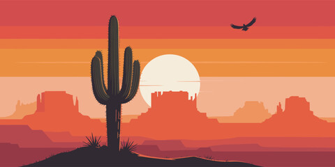 Desert sunset scene with large cactus, flying bird, mesas, and glowing sun in warm red, orange, and yellow tones across dramatic sky © Zavivec